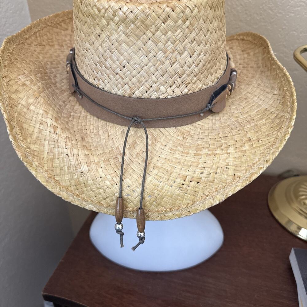 Henschel Hat Co Straw Cowboy Hat Medium With Leather And Beads Hatband Made USA - Picture 4 of 14